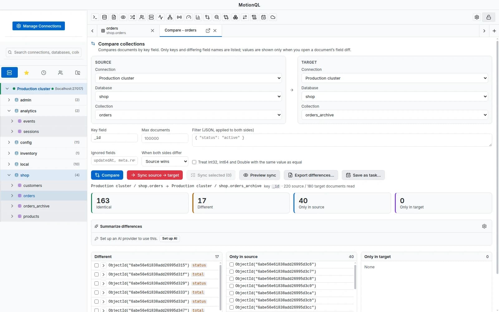 MotionQL Data Compare & Sync showing documents only in source, only in target and changed