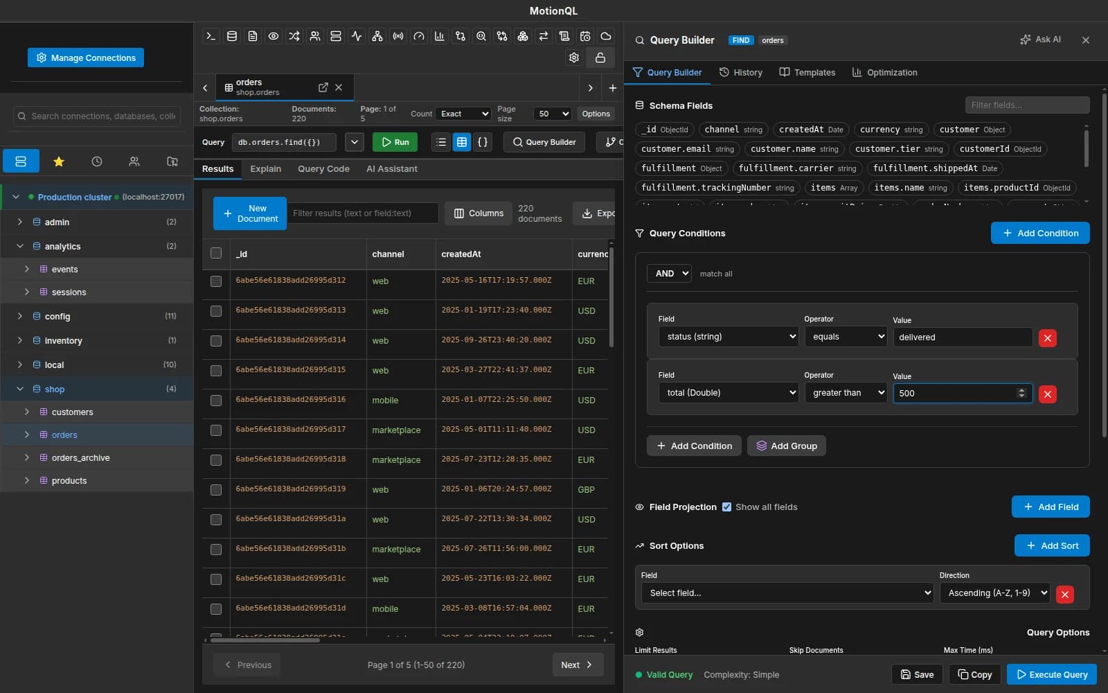 The MotionQL visual query builder with conditions, groups, projection and sort