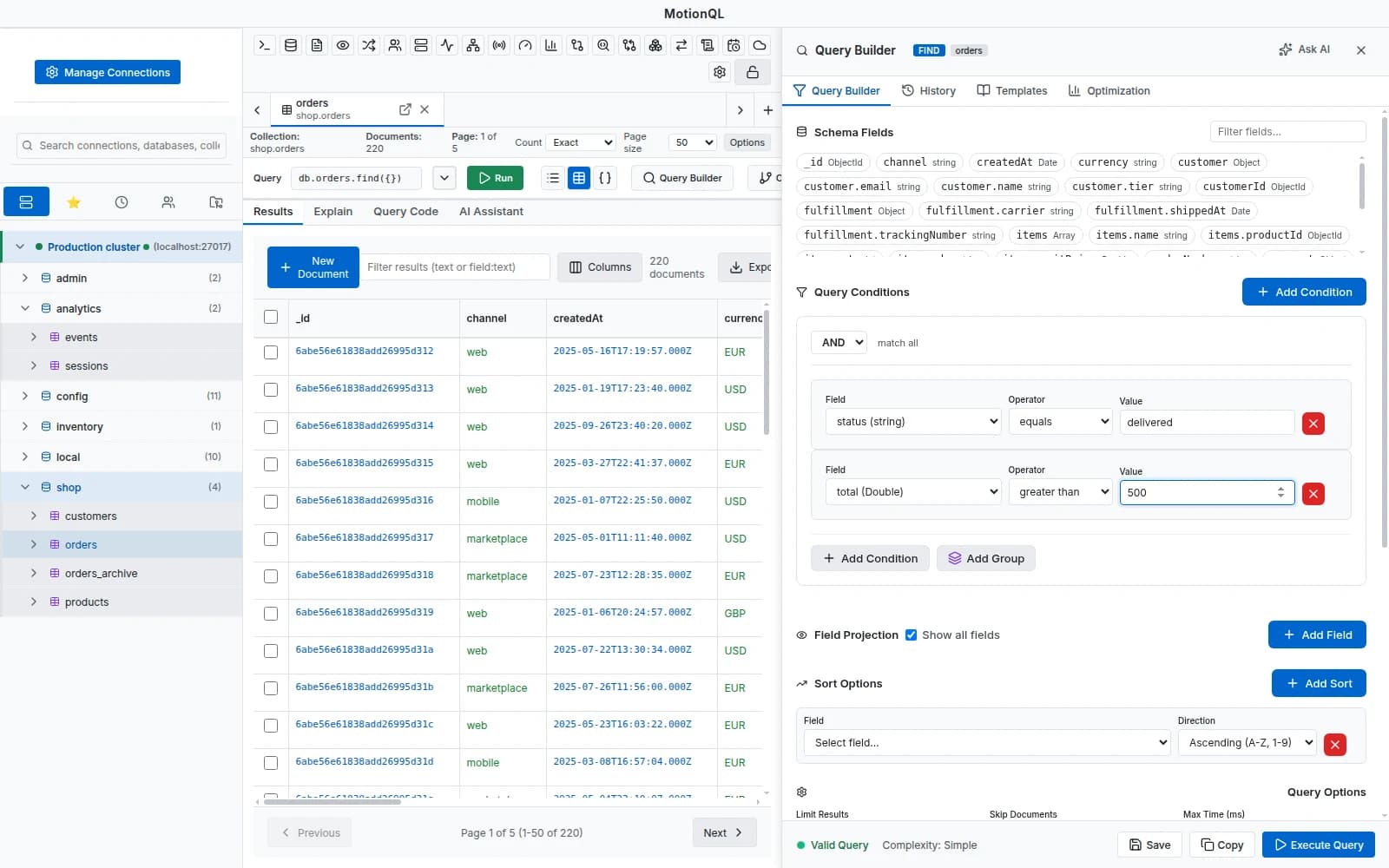 The MotionQL visual query builder with conditions, groups, projection and sort